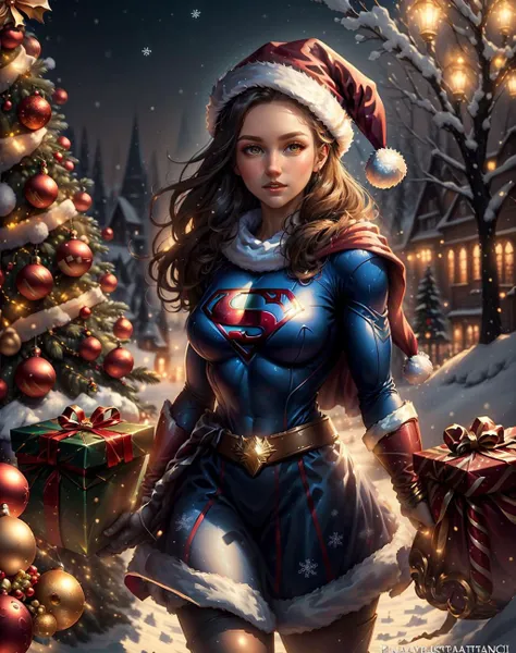 ethereal fantasy concept art of A high quality photo of supergirl, realistic <lora:quiron_Chritsmas_v1_lora:0.77> ChristmasQuiron style, Christmas, Christmas tree, Christmas decorations,  Christmas style, Christmas spirit, best quality, ultra detailed, 8k, mysterious,    . magnificent, celestial, ethereal, painterly, epic, majestic, magical, fantasy art, cover art, dreamy