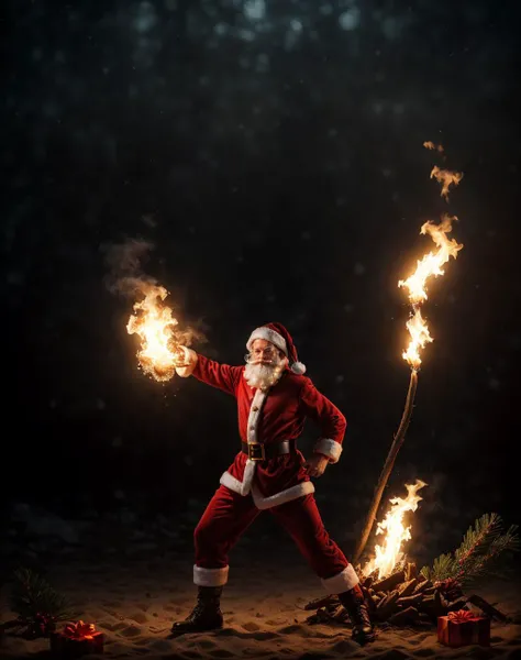 cinematic film still fire bending wizard, suit made of fire, explosions, dynamic posture, magical staff (glowing), cinematic photo, 32k, highly detailed, uhd, hdr, intricate details, action background, detailed, 32k, stunning image, IMAX, cinematic, chaos and destruction, award winning photography,, <lora:quiron_Chritsmas_v1_lora:0.67> ChristmasQuiron style, Christmas, Christmas tree, Christmas decorations, best quality, ultra detailed, 8k, mysterious. . shallow depth of field, vignette, highly detailed, high budget Hollywood movie, bokeh, cinemascope, moody, epic, gorgeous, film grain, grainy