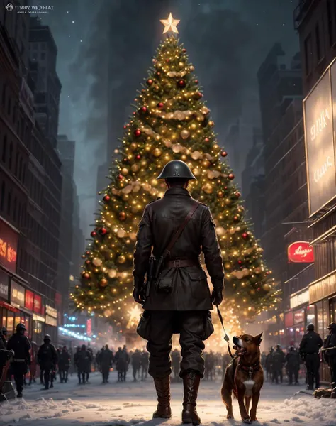 ethereal fantasy concept art of A man's best friend is killed on the streets of New York City. The man then transforms into a violent killer, turning New York City into a great war zone,,realistic <lora:quiron_Chritsmas_v1_lora:0.57> ChristmasQuiron style, Christmas, Christmas tree, Christmas decorations, Christmas style, Christmas spirit, best quality, ultra detailed, 8k, mysterious, . magnificent, celestial, ethereal, painterly, epic, majestic, magical, fantasy art, cover art, dreamy