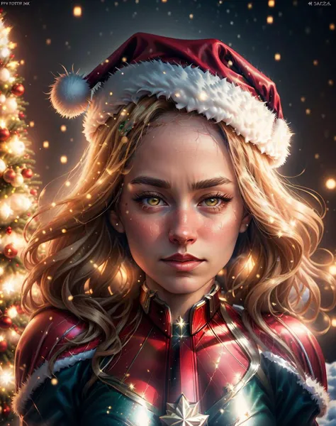 cinematic photo A high quality portrait of captain marvel, looking directly in the Camera, realistic <lora:quiron_Chritsmas_v1_lora:0.77> ChristmasQuiron style, Christmas, Christmas tree, Christmas decorations, Christmas style, Christmas spirit, best quality, ultra detailed, 8k, mysterious, . 35mm photograph, film, bokeh, professional, 4k, highly detailed