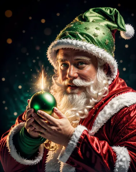 hyperrealistic art <lora:quiron_Chritsmas_v2_lora:0.47> ChristmasQuiron style, a evil Santa Claus wearing (Green costume and green hat), holding a Trueblood Ring and shooting fire, Green AI Santa Overlords, . extremely high-resolution details, photographic, realism pushed to extreme, fine texture, incredibly lifelike