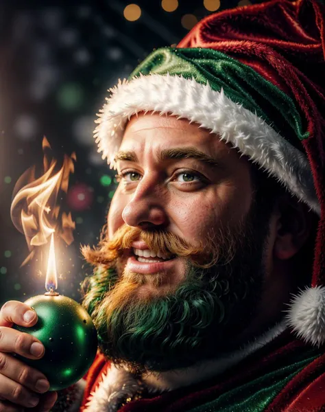 hyperrealistic art <lora:quiron_Chritsmas_v2_lora:0.47> ChristmasQuiron style, a evil Santa Claus wearing  (Green costume and green hat), holding a Armageddon and shooting fire, Green AI Santa Overlords,  . extremely high-resolution details, photographic, realism pushed to extreme, fine texture, incredibly lifelike