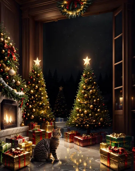 concept art <lora:quiron_Chritsmas_v1_lora:0.87> ChristmasQuiron style, Christmas, Christmas tree, Christmas decorations, best quality, ultra detailed, 8k, realistic, mysterious. Cat inside marble chasing goldfish, collision, chaos, black background., . digital artwork, illustrative, painterly, matte painting, highly detailed
