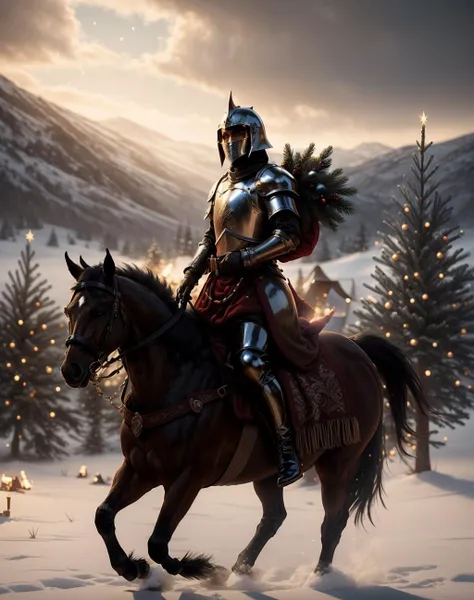 ethereal fantasy concept art of Medieval knights with dark black armors riding away on their horses. On the horizon many kilometers away a burning tent camp which they have previously set on fire. It is a dark cloudy creepy day. they ride over a spooky area. dark colors, black horses, black armors.,realistic <lora:quiron_Chritsmas_v1_lora:0.67> ChristmasQuiron style, Christmas, Christmas tree, Christmas decorations, Christmas style, Christmas spirit, best quality, ultra detailed, 8k, mysterious, . magnificent, celestial, ethereal, painterly, epic, majestic, magical, fantasy art, cover art, dreamy