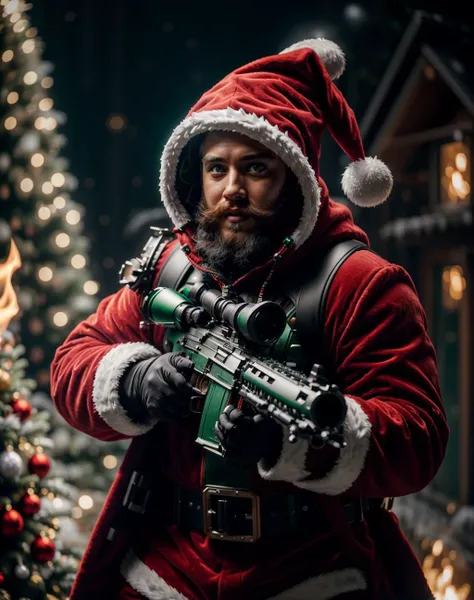 biomechanical cyberpunk <lora:quiron_Chritsmas_v2_lora:0.47> ChristmasQuiron style, a evil Santa Claus wearing (Green costume and green hat), holding a rifle and shooting fire, Green AI Santa Overlords,
. cybernetics, human-machine fusion, dystopian, organic meets artificial, dark, intricate, highly detailed