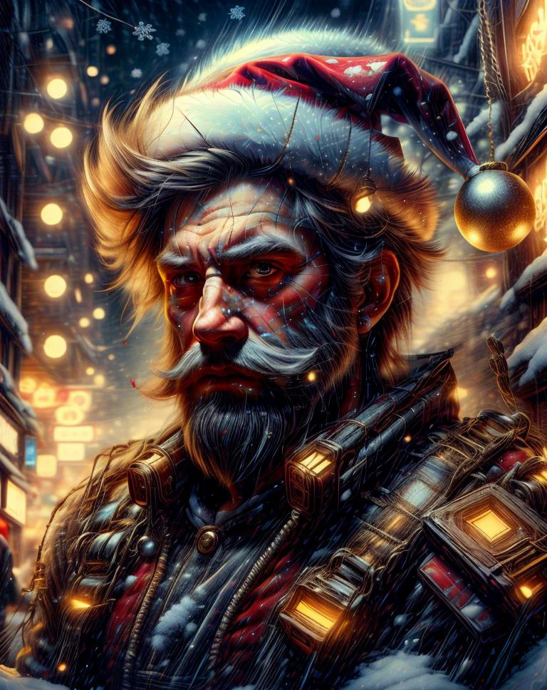 (((best quality))),((masterpiece)),absurdres,fine detail,HDR,highly detailed face and eyes,photorealistic,full body,CyberPunk santa,cyberpunk style,<lora:tangbohu-detailer_1.0:1>,<lora:tangbohu-detailmaker_v2.5:0.5>,<lora:SimplePositive_v1_AutoRunMech:2.5>,<lora:hairdetailer>,<lora:quiron_Chritsmas_v1_lora:0.67>,ChristmasQuiron style,Christmas,Christmas decorations,neon,<lora:CyberpunkWorld:1>,CyberpunkWorld