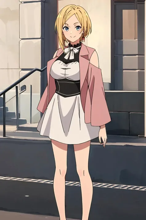 <lora:èæ2V-000009:0.7>,èæ,1girl,solo,earrings,blush,large breasts,breasts,
pink jacket,open jacket,shoulder cutout,white dress,neck ribbon,white bow,black corset,long sleeves,street,welcome,smile,full body,legs,standing,, Exquisite visuals, high-definition,masterpiece,best quality,