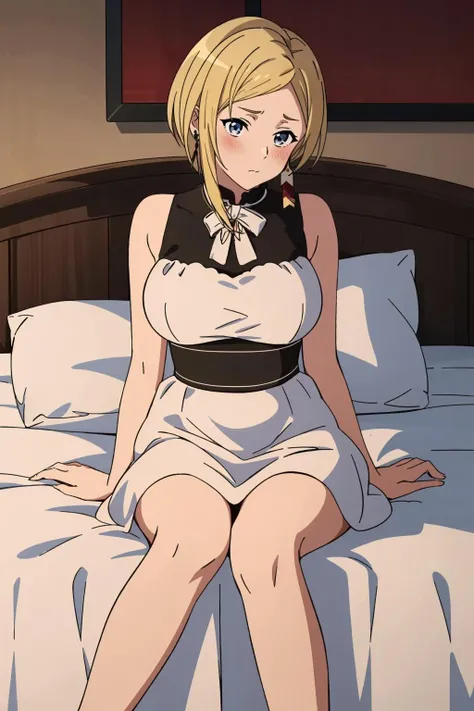 ((Beautuful Women)),(large udder:1.6),(((natta))),(((detail portrayal))),(((blondehair:1.6))),(((Wavy Hair))),(((Long Side Twin Tails))),(((a small face))),(((Less bangs))),(((Blunt bangs))),(((Red Eyes))),(​masterpiece)), (((Hanging eyes))),((top-quality)),((Vivid light and shadow depiction)), (The ultra-detailliert), ((kawaii)), (((Toned body))),cute little,(((Beautiful body lines))), (Detailed body line depiction), ((detailed face depiction)),((ighly detailed)),  (8K), top-quality, (Beautiful fece),(((World-class quality))), ighly detailed, hight resolution,(((Anime filling))),(((de pele branca))),(((White liquid drips on the body))),(((Used condoms are scattered on the bed))),(((Maid clothes with pink ruffles))),(((White lace panties))),(((Pull up your skirt to show your panties))),(((deadpan))),(((red blush))),(((Sitting on the bed:1.6))),(((raise her legs))),(((Detailed depiction of panties))),(((Composition seen from the front))),(((composition seen from below))),(((Looking down))),(((Open your legs to show your crotch))),(((Show your crotch))),(((Black knee socks))),