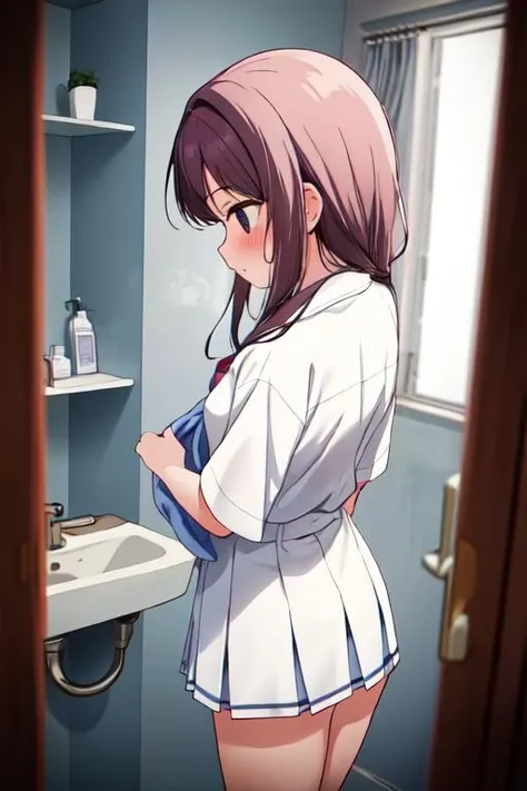 masterpiece, best quality, absurdres, ultra detail,<lora:GoodHands-vanilla:0.8> <lora:anmnr01:0.3> <lora:add_detail:0.5>,  1girl,14yo, , school uniform,from diagonally behind,close up,shower room <lora:pose peeping:0.8>,pose peeping,looking other