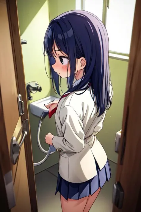 masterpiece, best quality, absurdres, ultra detail,<lora:GoodHands-vanilla:0.8> <lora:anmnr01:0.3> <lora:add_detail:0.5>, 1girl,14yo,undressing school uniform,from diagonally behind,close up,shower room <lora:pose peeping:0.8>,pose peeping,looking forward,leaning forward
