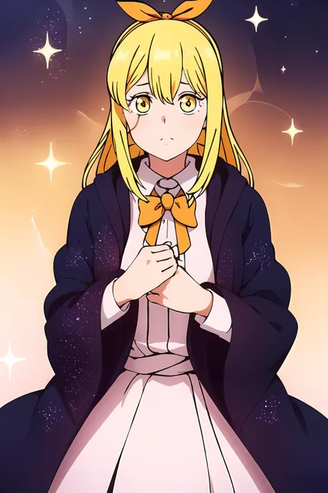 (masterpiece), 1girl, lemon irvine, standing, magic, blonde hair, headband, bowtie, wizard uniform, stars, glitter, sparkle, wizard, casting magic, mountains, badlands, outside, vignette, depth of field, epic, best quality, highly detailed