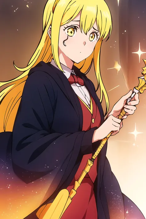 (masterpiece), 1girl, lemon irvine, standing, magic, blonde hair, wizard uniform, holding, wand, weapon, casting magic, stars, glitter, sparkle, bowtie, casting magic, depth of field, epic, best quality, highly detailed
