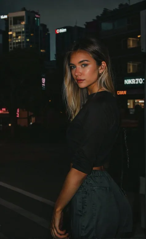 (RAW Photo), DSLR,F/1.2,  a 20 year old woman dynamic pose , wearing halterneck,<lora:rlsk3-15:0.7>,<lyco:NataLee:0.3>,(blond hair),long beautiful hair, <lora:epiCRealismHelper:0.6>,  (real skin:1.1), ((tan skin)), (detailed skin), stunning, perky boobs , <lora:AdvancedEnhancer:0.3>, (shutter speed 1/50), Low ISO, RAW, analog, depth of field, flash,<lora:flash:0.5> ,
professional photography taken on Canon EOS 5DS, Nikon Z 50mm f/1.2 S Lens, intricate sharp details, (looking at camera:1.2), <lora:add_detail:0.8>, <lora:Dark Style_20230829102833:0.4>,Dark Style,city street, bustling traffic, towering buildings, pedestrian-filled
