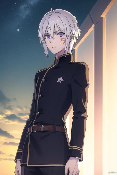 allenwalker, <lora:allen walker hallow s1-lora-nochekaiser:1>,
allen walker, (purple eyes:1.1), white hair, male focus, scar, facial mark,
BREAK uniform, military, military uniform,
BREAK outdoors, city, starry sky, night, moon,
BREAK looking at viewer, (cowboy shot:1.5),
BREAK <lyco:GoodHands-beta2:1>, (masterpiece:1.2), best quality, high resolution, unity 8k wallpaper, (illustration:0.8), (beautiful detailed eyes:1.6), extremely detailed face, perfect lighting, extremely detailed CG, (perfect hands, perfect anatomy),