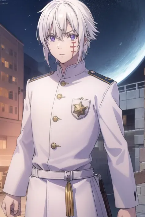 allenwalker, <lora:allen walker hallow s1-lora-nochekaiser:1>,
allen walker, (purple eyes:1.1), white hair, male focus, scar, facial mark,
BREAK uniform, military, military uniform,
BREAK outdoors, city, starry sky, night, moon,
BREAK looking at viewer, (cowboy shot:1.5),
BREAK <lyco:GoodHands-beta2:1>, (masterpiece:1.2), best quality, high resolution, unity 8k wallpaper, (illustration:0.8), (beautiful detailed eyes:1.6), extremely detailed face, perfect lighting, extremely detailed CG, (perfect hands, perfect anatomy),