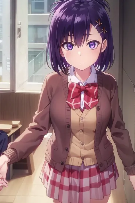 vignettetsukinoseapril, <lora:vignette tsukinose april s1-lora-nochekaiser:1>,
vignette tsukinose april, short hair, hair ornament, (purple eyes:1.1), purple hair, hairclip, x hair ornament, topknot,
BREAK skirt, shirt, bow, school uniform, pleated skirt, bowtie, red bow, plaid, red skirt, plaid skirt, cardigan, brown cardigan,
BREAK indoors, classroom,
BREAK looking at viewer, (cowboy shot:1.5),
BREAK <lyco:GoodHands-beta2:1>, (masterpiece:1.2), best quality, high resolution, unity 8k wallpaper, (illustration:0.8), (beautiful detailed eyes:1.6), extremely detailed face, perfect lighting, extremely detailed CG, (perfect hands, perfect anatomy),