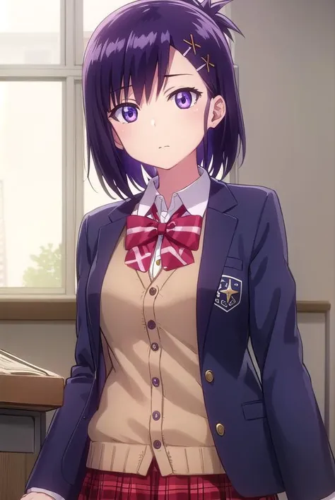 vignettetsukinoseapril, <lora:vignette tsukinose april s1-lora-nochekaiser:1>,
vignette tsukinose april, short hair, hair ornament, (purple eyes:1.1), purple hair, hairclip, x hair ornament, topknot,
BREAK skirt, shirt, bow, school uniform, pleated skirt, bowtie, red bow, plaid, red skirt, plaid skirt, cardigan, brown cardigan,
BREAK indoors, classroom,
BREAK looking at viewer, (cowboy shot:1.5),
BREAK <lyco:GoodHands-beta2:1>, (masterpiece:1.2), best quality, high resolution, unity 8k wallpaper, (illustration:0.8), (beautiful detailed eyes:1.6), extremely detailed face, perfect lighting, extremely detailed CG, (perfect hands, perfect anatomy),