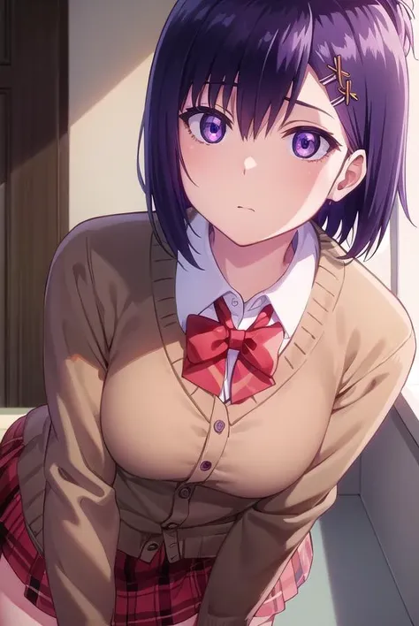 vignettetsukinoseapril, <lora:vignette tsukinose april s1-lora-nochekaiser:1>,
vignette tsukinose april, short hair, hair ornament, (purple eyes:1.1), purple hair, hairclip, x hair ornament, topknot,
BREAK skirt, shirt, bow, school uniform, pleated skirt, bowtie, red bow, plaid, red skirt, plaid skirt, cardigan, brown cardigan,
BREAK indoors, classroom,
BREAK looking at viewer, (cowboy shot:1.5),
BREAK <lyco:GoodHands-beta2:1>, (masterpiece:1.2), best quality, high resolution, unity 8k wallpaper, (illustration:0.8), (beautiful detailed eyes:1.6), extremely detailed face, perfect lighting, extremely detailed CG, (perfect hands, perfect anatomy),