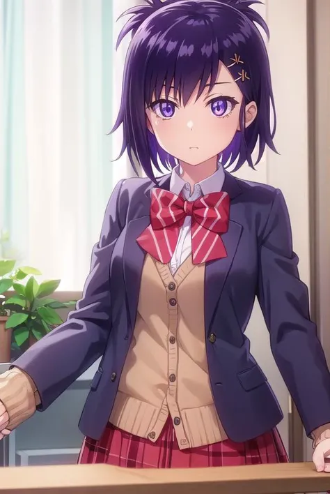 vignettetsukinoseapril, <lora:vignette tsukinose april s1-lora-nochekaiser:1>,
vignette tsukinose april, short hair, hair ornament, (purple eyes:1.1), purple hair, hairclip, x hair ornament, topknot,
BREAK skirt, shirt, bow, school uniform, pleated skirt, bowtie, red bow, plaid, red skirt, plaid skirt, cardigan, brown cardigan,
BREAK indoors, classroom,
BREAK looking at viewer, (cowboy shot:1.5),
BREAK <lyco:GoodHands-beta2:1>, (masterpiece:1.2), best quality, high resolution, unity 8k wallpaper, (illustration:0.8), (beautiful detailed eyes:1.6), extremely detailed face, perfect lighting, extremely detailed CG, (perfect hands, perfect anatomy),