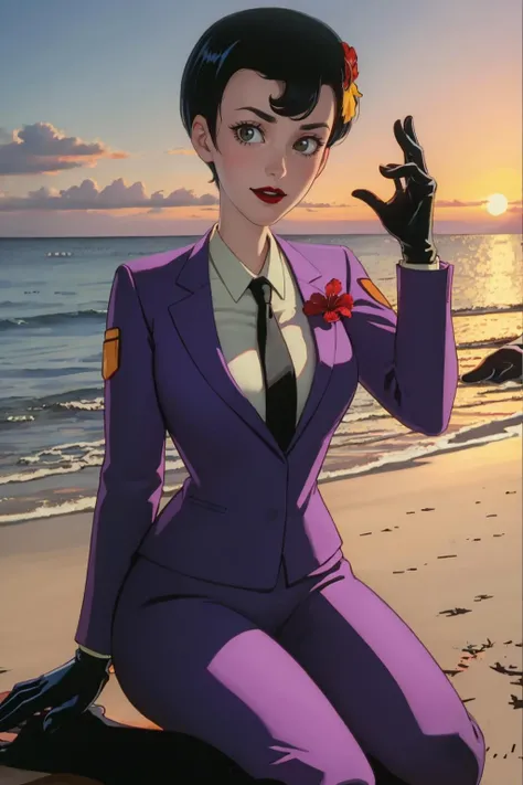(masterpiece, best quality:1.2), <lora:mistress_pavlov:1>, mistress pavlov, 1girl, solo, formal, lipstick, gloves, suit, black hair, short hair, necktie, breasts, large breasts, makeup, black gloves, sitting, flower, outdoors, smile, looking at viewer, water, sunset, wariza, sky, ocean, arm up, red flower, water drop, hibiscus, cloud, beach, closed mouth
