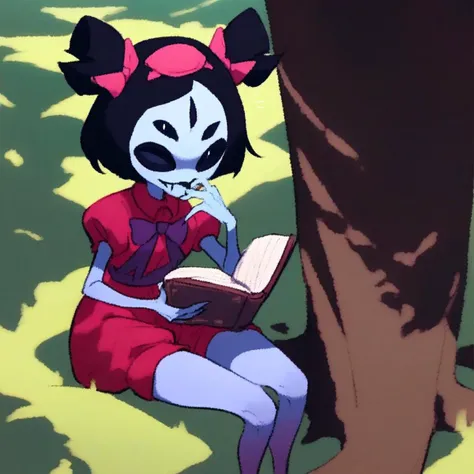 Score_9, Score_8_up, Score_7_up, Score_6_up, Score_5_up, Source_furry, rating_safe, 1girl, muffet, spider girl, sitting at the base of a tree, reading a book, leaning head against tree,