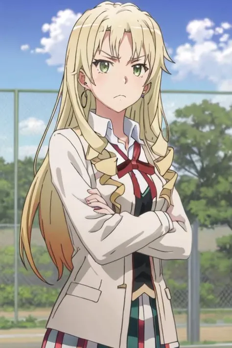 best quality, masterpiece, highres, solo, {miura_yumiko_yahariorenoseishunlovecomewamachigatteiru:1.15}, long_hair, blonde_hair, green_eyes, 1girl, anime_coloring, chain-link_fence, cloud, day, earrings, fence, frown, jewelry, outdoors, shirt, sky, tree, blue_sky