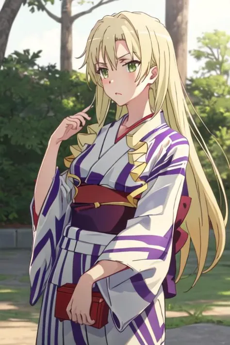 best quality, masterpiece, highres, solo, {yukata:1.40}, {kimono:1.20}, {miura_yumiko_yahariorenoseishunlovecomewamachigatteiru:1.15}, long_hair, blonde_hair, green_eyes