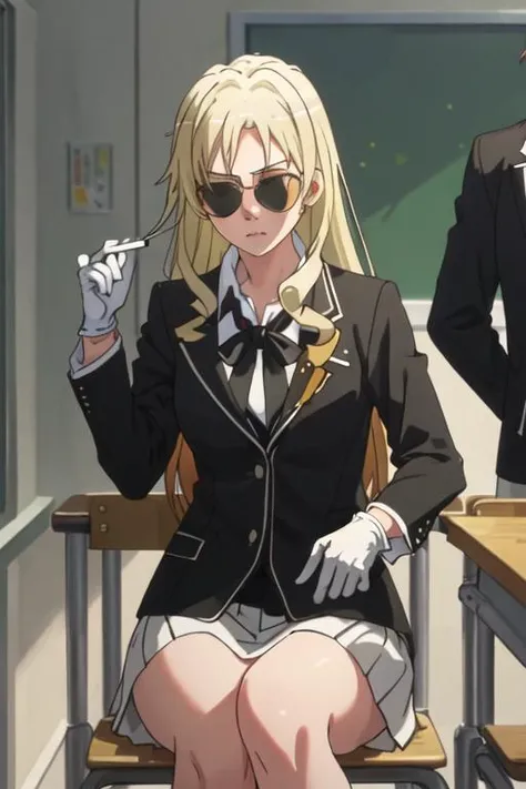 best quality, masterpiece, highres, solo, {black business suit:1.40}, {tie:1.20}, {sunglasses:1.25}, {white gloves:1.15}, {white shirt:1.10}, {black skirt:1.15}, {smoking:1.20}, handsome, {miura_yumiko_yahariorenoseishunlovecomewamachigatteiru:1.15}, long_hair, blonde_hair, green_eyes