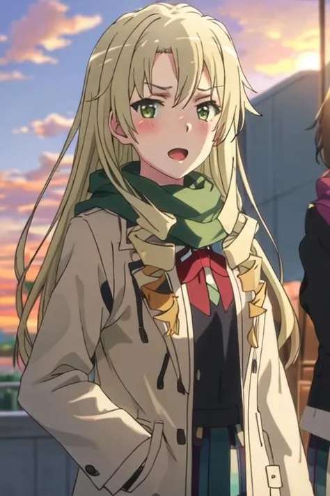 best quality, masterpiece, highres, solo, {miura_yumiko_yahariorenoseishunlovecomewamachigatteiru:1.15}, long_hair, blonde_hair, green_eyes, 1girl, looking_at_viewer, open_mouth, scarf, upper_body, blush, coat, hair_between_eyes, sunset