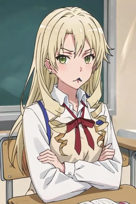 best quality, masterpiece, highres, solo, {miura_yumiko_yahariorenoseishunlovecomewamachigatteiru:1.15}, long_hair, blonde_hair, green_eyes, 1girl, crossed_arms, desk, drill_hair, school_uniform, shirt, sweater_vest, earrings, jewelry, long_sleeves, white_shirt, indoors, looking_at_viewer, school_desk, closed_mouth, collared_shirt