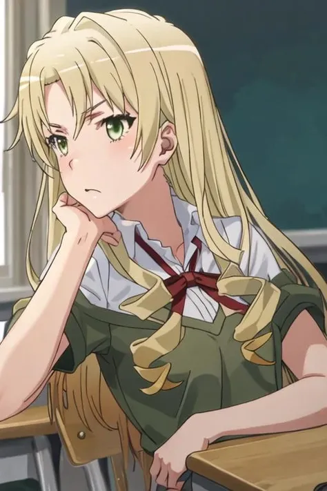 best quality, masterpiece, highres, solo, {miura_yumiko_yahariorenoseishunlovecomewamachigatteiru:1.15}, long_hair, blonde_hair, green_eyes