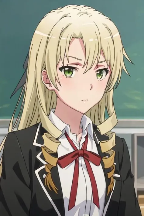 best quality, masterpiece, highres, solo, {miura_yumiko_yahariorenoseishunlovecomewamachigatteiru:1.15}, long_hair, blonde_hair, green_eyes, 1girl, black_jacket, drill_hair, jacket, ribbon, school_uniform, shirt, sobu_high_school_uniform, upper_body, white_shirt, blazer, neck_ribbon, red_ribbon, chalkboard, hair_between_eyes