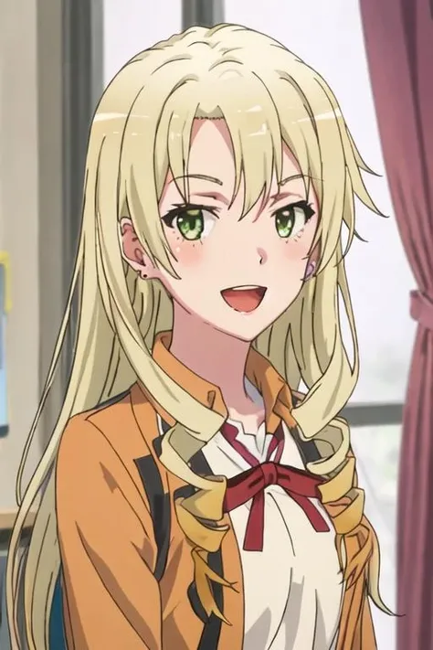 best quality, masterpiece, highres, solo, {miura_yumiko_yahariorenoseishunlovecomewamachigatteiru:1.15}, long_hair, blonde_hair, green_eyes, 1girl, bangs, earrings, indoors, jewelry, shirt, looking_at_viewer, stud_earrings, blush, orange_shirt, upper_body, :d, curtains, open_mouth, smile