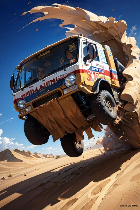 pdrally, a truck jumping fron a dune in the sahara, dust in the air <lora:pdrally:1>