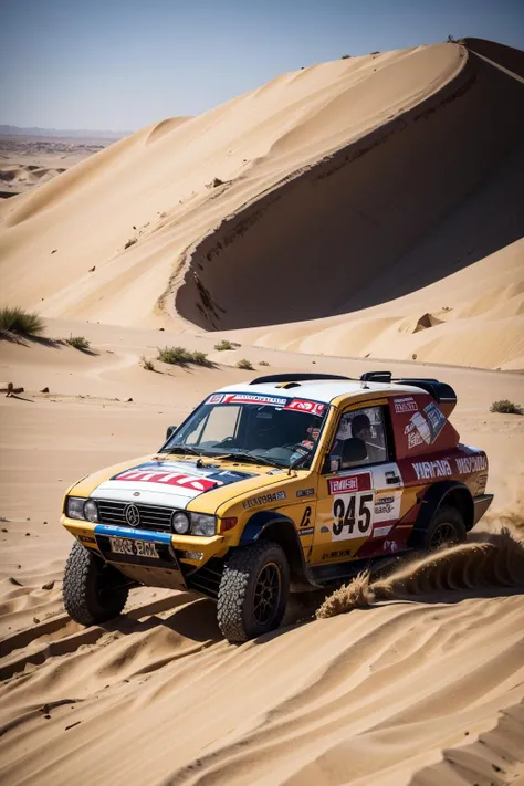 pdrally, an old car driving through the dunes in sahara <lora:pdrally:1>