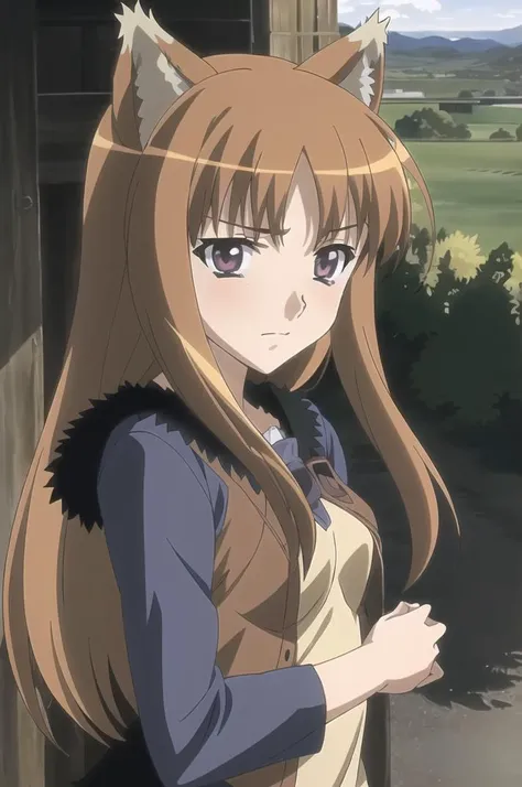 <lora:holo_LoconV1:0.8>, holo anime2008, 1girl,  solo, (best quality, masterpiece:1.4),  2d, (embarrassed),  upper body,looking at viewer, outdoors, small breasts,