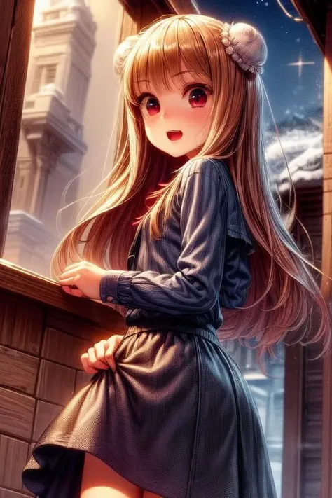 (best quality), highres, 
Holo the wise wolf, Horo, 
solo, single, one girl, 
short height, ((naked neck, naked pussy, naked arms)), ((petite)), ((skinny young body)), (((thin skinny body))), (soft cheeks), ((big head)), (small body), (short height body), ((little tiny body)), ((small naked body)), (((black eyes))), dark eyes, (big eyebrows),  flat chest, small nude breasts, (nude body), ((smily face:2.3)), (beautiful symmetric black eyes), (detail black eyes), black eyes, ((naked pussy, pink pussy, vagina exposed, open pussy)),(beautiful long thin legs)
((((small tits, flat tits:1.3 (naked breasts:1.5, black shirt:1.8, naked body:1.7, belly:1.3), little skirt, wearing orange fluffy skirt, (naked arms:1.9)))))
 ((forest)), boardwalk, (winter), (snowy trees), snow, snowing, (night), 
 ((squirt)), cum, (orgasm), ((hands on vagina, masturbate, hands touch pussy)), (showing vagina),
((big fox ears)), (((double bun hair, buns haircut))), (fluffy hair), ((detailed hair))