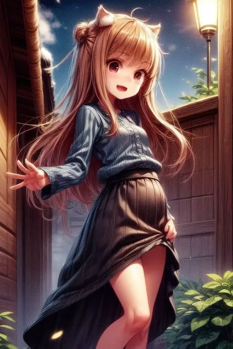 (best quality), highres, 
Holo the wise wolf, Horo, 
solo, single, one girl, 
short height, ((naked neck, naked pussy, naked arms)), ((petite)), ((skinny young body)), (((thin skinny body))), (soft cheeks), ((big head)), (small body), (short height body), ((little tiny body)), ((small naked body)), (((black eyes))), dark eyes, (big eyebrows),  flat chest, small nude breasts, (nude body), ((smily face:2.3)), (beautiful symmetric black eyes), (detail black eyes), black eyes, ((naked pussy, pink pussy, vagina exposed, open pussy)),(beautiful long thin legs)
((((small tits, flat tits:1.3 (naked breasts:1.5, black shirt:1.8, naked body:1.7, belly:1.3), little skirt, wearing orange fluffy skirt, (naked arms:1.9)))))
 ((forest)), boardwalk, (winter), (snowy trees), snow, snowing, (night), 
 ((squirt)), cum, (orgasm), ((hands on vagina, masturbate, hands touch pussy)), (showing vagina),
((big fox ears)), (((double bun hair, buns haircut))), (fluffy hair), ((detailed hair))