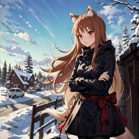 mj, [wolf girl | holo], crossed arms, apple, winter, outdoor, maximum details, <lora:holo_LoconV1:0.8>