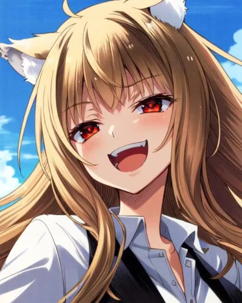 <lora:holoLoconV0:0.9>, (masterpiece),(best quality), holo manga, 1girl, wolf girl, (smug), smile, open mouth,  confident,  4k, 8k UHD, cinematic lighting, day, blue sky