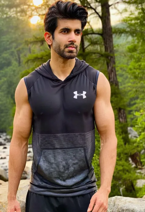photo of sendhil ramamurthy a man <lora:Namik-Paul_Sendhil-Ramamurthy:1>, wearing a sleeveless well-fitted under armour hoodie and compression shorts, standing on a boulder, outdoor trail, 35mm photograph, film, bokeh, professional, 4k, highly detailed, creek in the background, natural lighting, golden hour