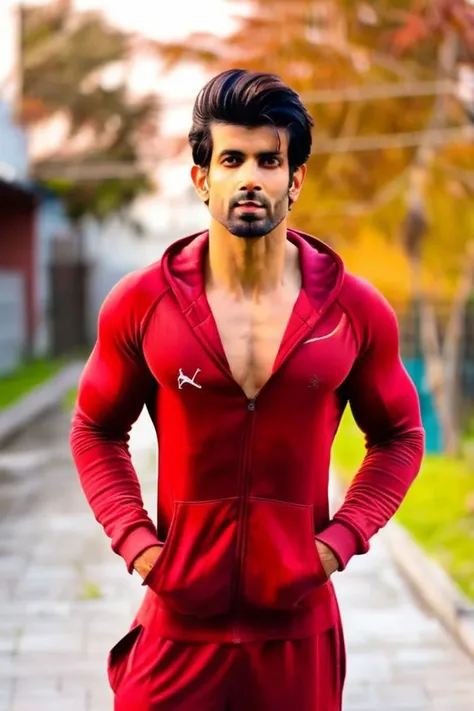 sendhil ramamurthy a man <lora:Namik-Paul_Sendhil-Ramamurthy:1>, realistic photo in a worn ((red tracksuit)), abs, ((light bokeh)), intricate, (steel metal [rust]), elegant, sharp focus, photo by greg rutkowski, soft lighting, vibrant colors, (masterpiece), ((streets)), (detailed face), looking at viewer, light smile, night, walking towards viewer, cinematic lighting, beautiful lighting, cinematic lighting, (hazy filter, film grain:1.2)