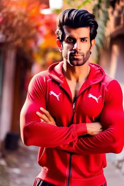 sendhil ramamurthy a man <lora:Namik-Paul_Sendhil-Ramamurthy:1>, realistic photo in a worn ((red tracksuit)), abs, ((light bokeh)), intricate, (steel metal [rust]), elegant, sharp focus, photo by greg rutkowski, soft lighting, vibrant colors, (masterpiece), ((streets)), (detailed face), looking at viewer, light smile, night, walking towards viewer, cinematic lighting, beautiful lighting, cinematic lighting, (hazy filter, film grain:1.2)