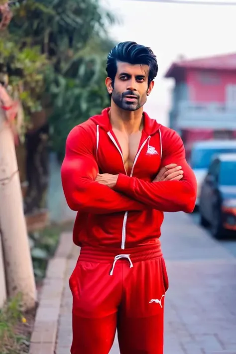 sendhil ramamurthy a man <lora:Namik-Paul_Sendhil-Ramamurthy:1>, realistic photo in a worn ((red tracksuit)), abs, ((light bokeh)), intricate, (steel metal [rust]), elegant, sharp focus, photo by greg rutkowski, soft lighting, vibrant colors, (masterpiece), ((streets)), (detailed face), looking at viewer, light smile, night, walking towards viewer, cinematic lighting, beautiful lighting, cinematic lighting, (hazy filter, film grain:1.2)