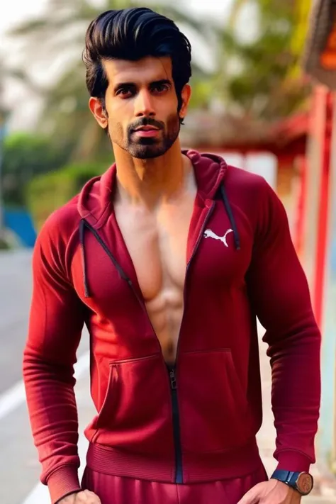 sendhil ramamurthy a man <lora:Namik-Paul_Sendhil-Ramamurthy:1>, realistic photo in a worn ((red tracksuit)), abs, ((light bokeh)), intricate, (steel metal [rust]), elegant, sharp focus, photo by greg rutkowski, soft lighting, vibrant colors, (masterpiece), ((streets)), (detailed face), looking at viewer, light smile, night, walking towards viewer, cinematic lighting, beautiful lighting, cinematic lighting, (hazy filter, film grain:1.2)
