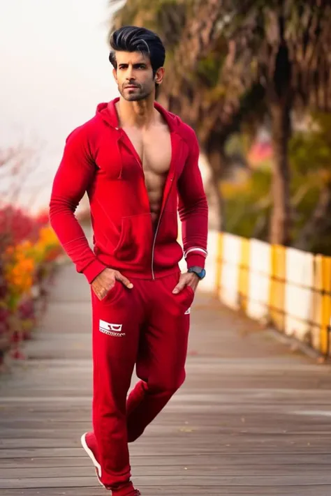 sendhil ramamurthy a man <lora:Namik-Paul_Sendhil-Ramamurthy:1>, realistic photo in a worn ((red tracksuit)), abs, ((light bokeh)), intricate, (steel metal [rust]), elegant, sharp focus, photo by greg rutkowski, soft lighting, vibrant colors, (masterpiece), ((streets)), (detailed face), looking at viewer, light smile, night, walking towards viewer, cinematic lighting, beautiful lighting, cinematic lighting, (hazy filter, film grain:1.2)