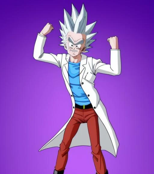 dbz style, old man (rick sanchez:1.2) from rick and morty,
wearing a white lab coat and brown pants,
gray spikey hair,
highly detailed