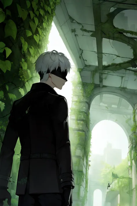 ((masterpiece:1.2, best quality)), 1boy, silver hair, short hair, black gloves, black blindfold, black jacket, black shorts <lora:yorha_9s:0.7>, destroyed city, vines, daytime, leaves, overgrown buildings