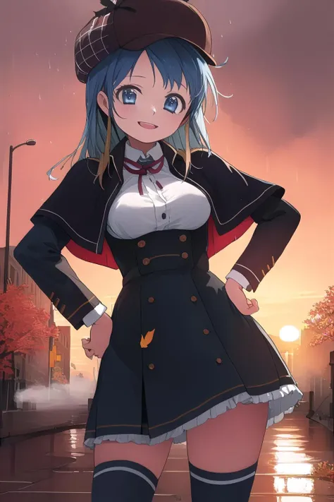 masterpiece, best quality, absurdres, beautiful eyes, <lora:GoodHands-beta2:1>, <lora:BetterFeet:1:1:lbw=1,1,1,1,1,1,1,1,0,0,0,1,1,1,1,0,0>, <lora:lit:0.2>, <lora:outline:0.2>, <lora:add_sharpness:0.5>
<lora:sami_malino:1.0:1.0:lbw=1,0,0,0,0,0,0,0,1,1,1,1,1,1,1,1,1>,
sami_malino, samidare \(kancolle\), 1girl, blue eyes, aqua eyes, forehead, blue hair, aqua hair, very long hair, sidelocks, swept bangs, (medium breasts:1.3),
<lora:Deerstalker:1>, deerstalker, detective, brown_headwear, brown_capelet, underwaring white sailor, standing, zettai_ryouiki, close-up, light smile, (hand on hip:1.2),
natural lighting, cinematic lighting, intricate shadow, hdr, volumetic lighting, (autumn, evening, sunset, rainy, fog:1.2),
outdoors, Thames river, London, british, street of 19th century London, London in 1881, flagstone, detailed background, messy background,