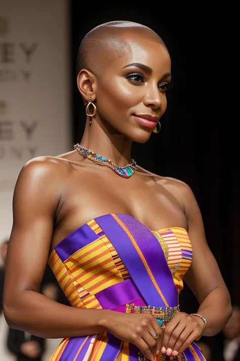 photo of  MichaelaCoel, a woman as a movie star, modelshoot style, (extremely detailed CG unity 8k wallpaper), bald, High Detail, Sharp focus, smiling, photorealistic painting art by midjourney and greg rutkowski , (waist chain), ((fashion show)), ((walking down the runway)), ((paparazzi in the background)), (looking at viewer), (detailed pupils:1.2), (elegant colorful dress:1.3) brightly lit,  <lora:MichaelaCoel:0.9>